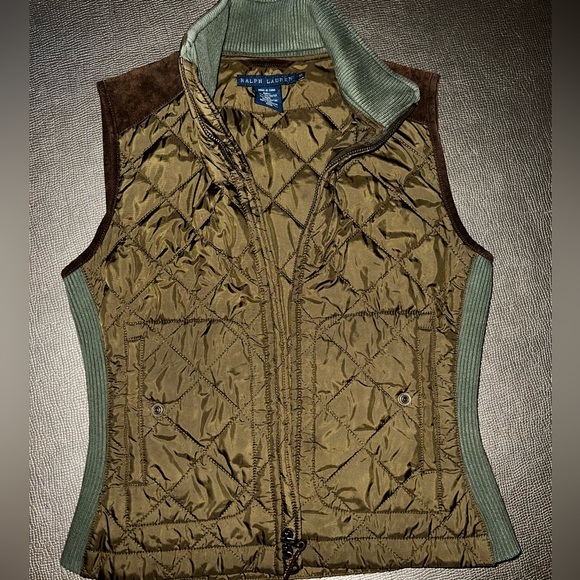 Ralph Lauren women’s Green Brown Quilted Vest Jacket Leather Hunting XS - Picture 1 of 4